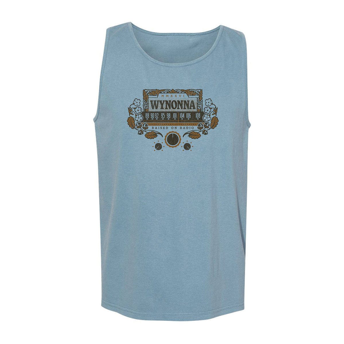 A light blue sleeveless tank top with a vintage-style radio graphic on the chest reading "Wynonna Raised On Radio".