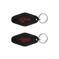 Retro inspired hotel keychain in black featuring a Wynonna logo in red on one side and Kentucky Queen in red on the other side.