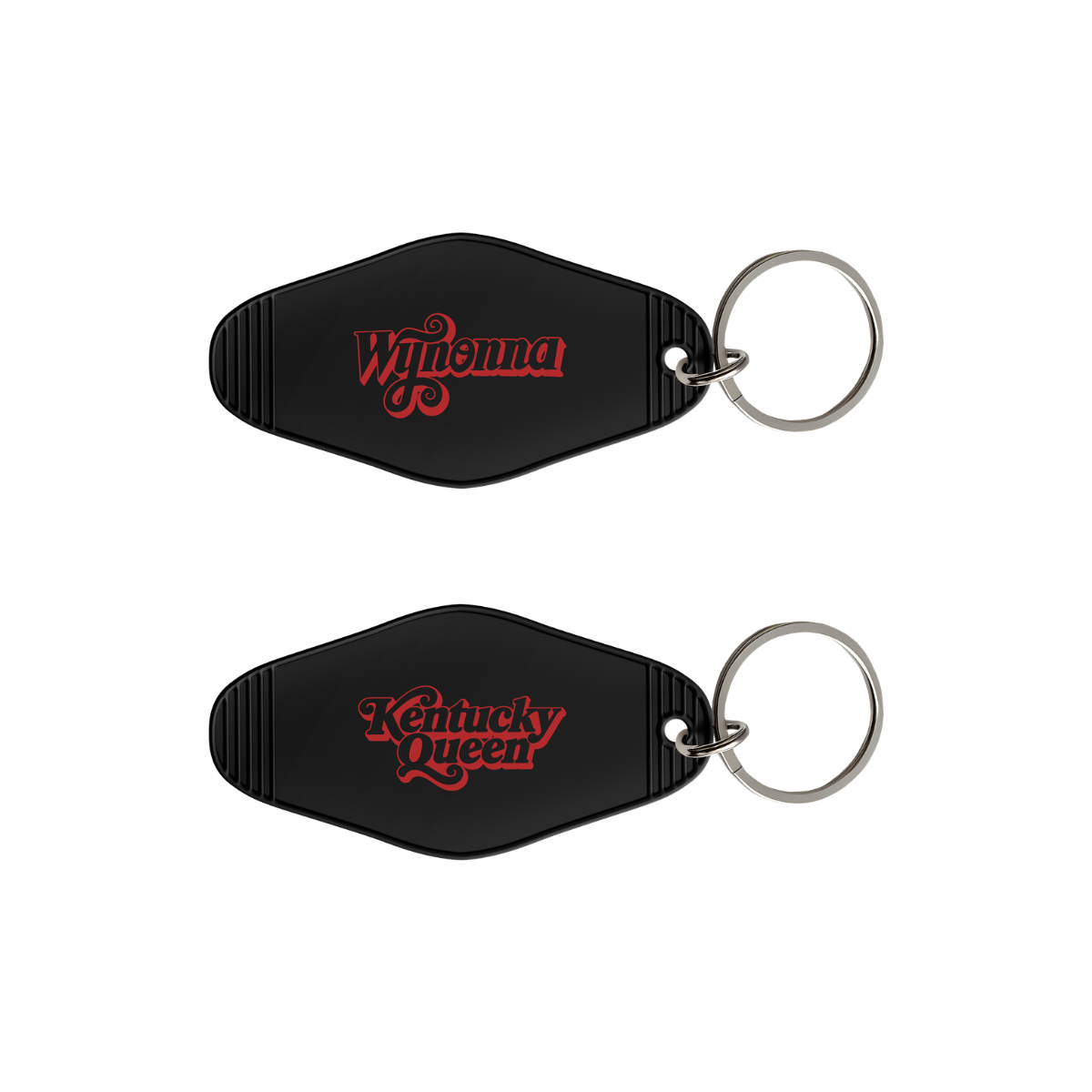 Retro inspired hotel keychain in black featuring a Wynonna logo in red on one side and Kentucky Queen in red on the other side.