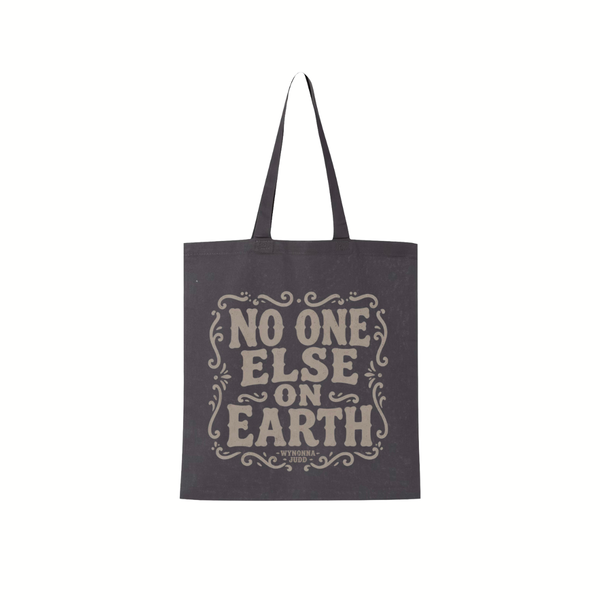 Charcoal tote bag featuring "No One Else On Earth" with Wynonna's logo printed on the front.