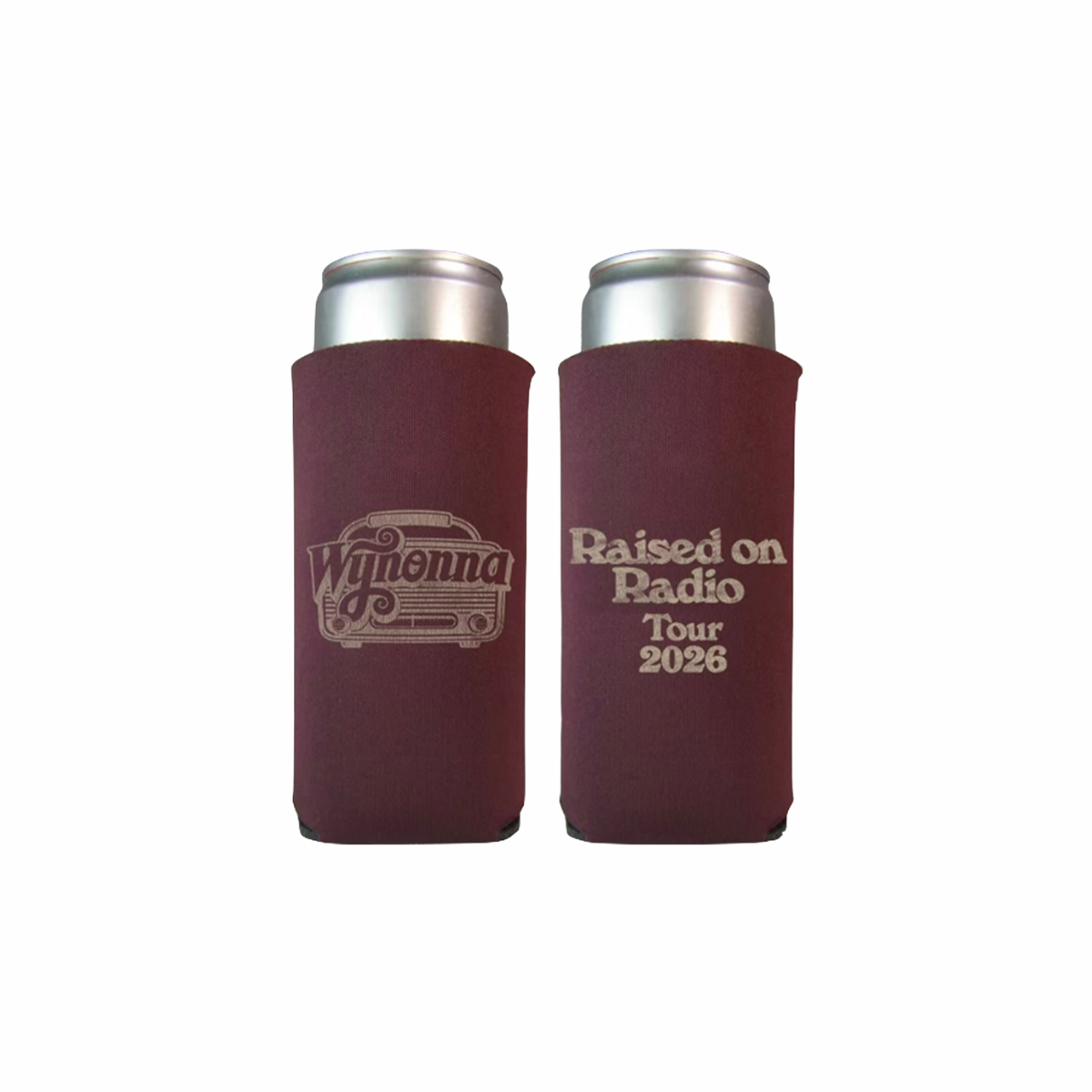 Premium collapsible tall boy koozie in maroon featuring a Wynonna logo design printed on one side and Raised On Radio Tour 2026 printed on the other side.