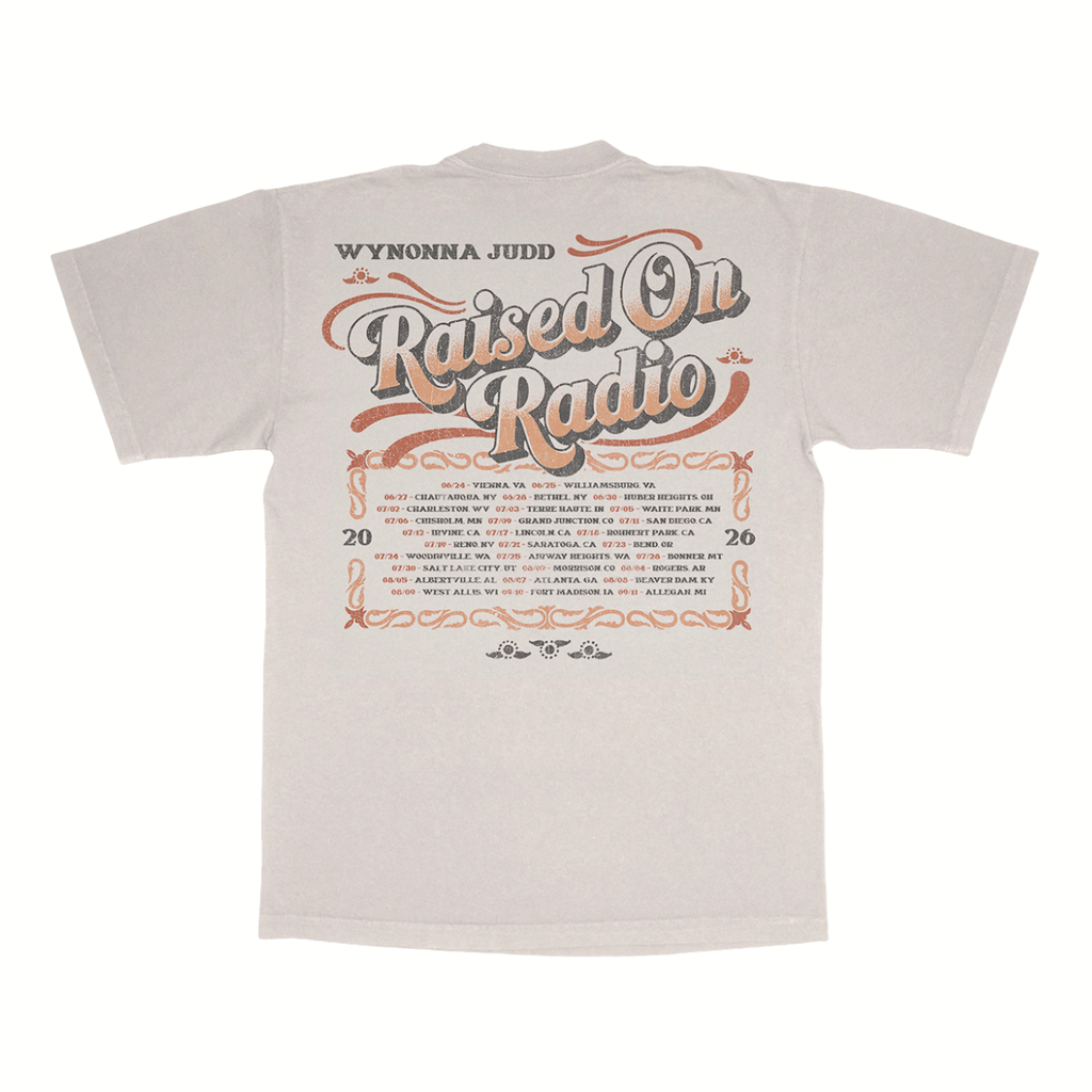 Classic fitting unisex tee in natural featuring Wynonna Judd's Raised On Radio 2026 tour dates on the back.