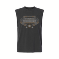 Garment-dyed unisex sleeveless tee in charcoal featuring a Wynonna Raised On Radio design printed on the front.