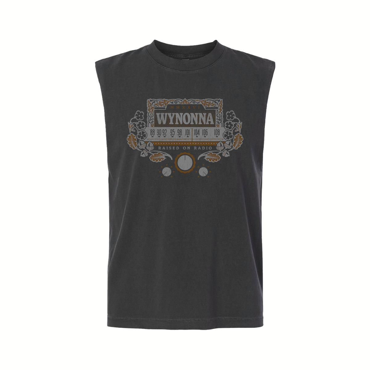 Garment-dyed unisex sleeveless tee in charcoal featuring a Wynonna Raised On Radio design printed on the front.
