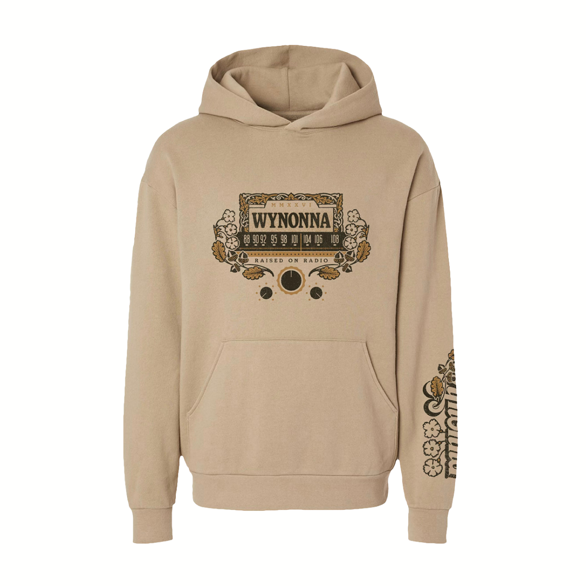 Mid-weight unisex pullover hoodie in tan featuring a Wynonna Raised On Radio design printed on the front and Raised On Radio 2026 tour dates on the back.