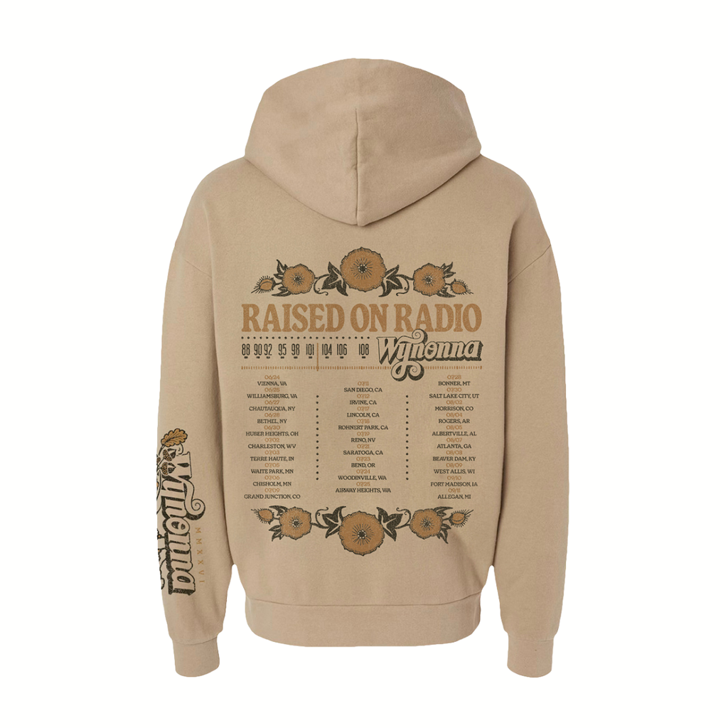Mid-weight unisex pullover hoodie in tan featuring a Wynonna Raised On Radio design printed on the front and Raised On Radio 2026 tour dates on the back.