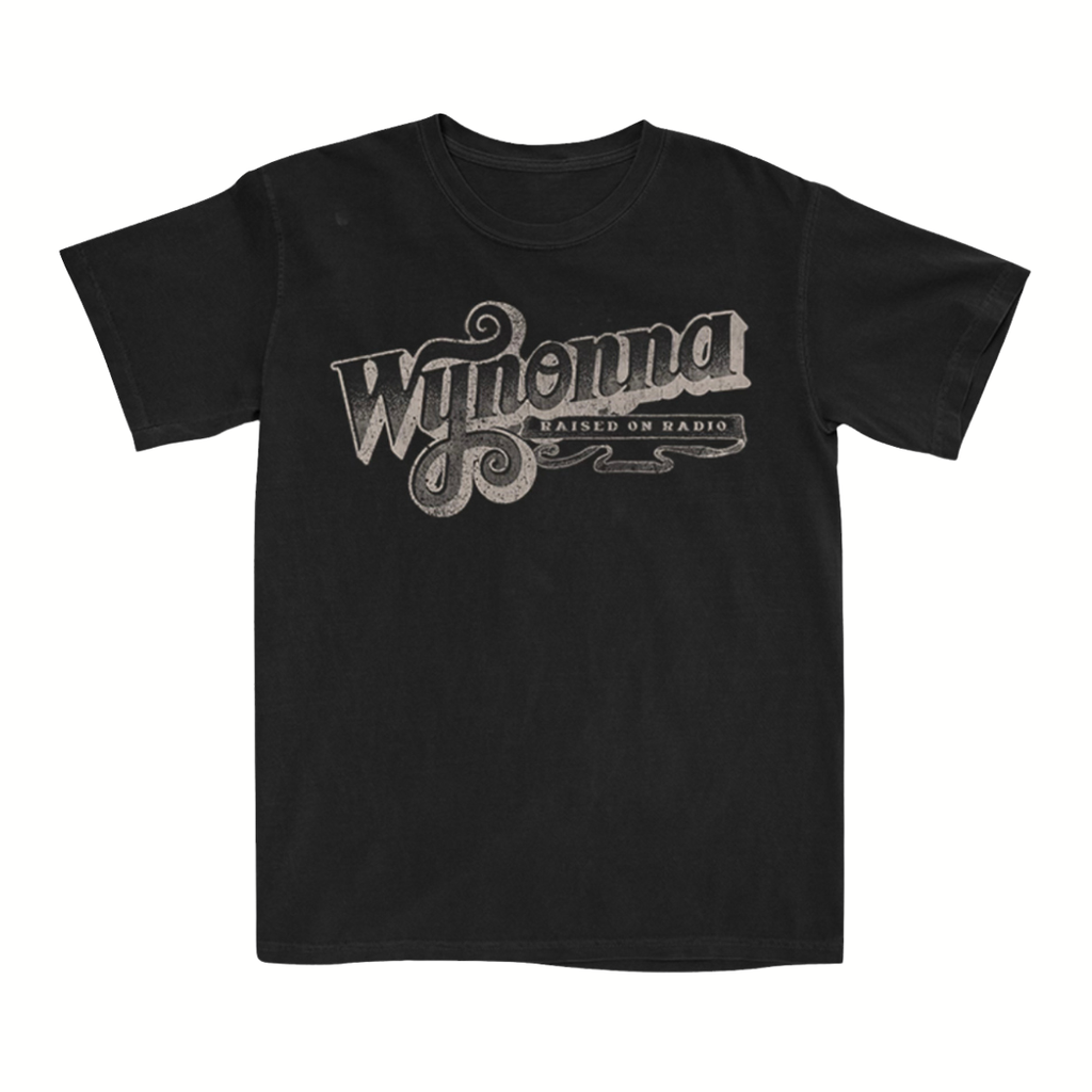 Classic fitting unisex tee in black featuring a Wynonna Raised On Radio design printed on the front.
