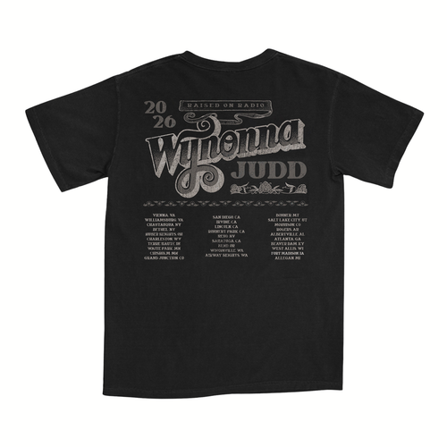 Classic fitting unisex tee in black featuring Wynonna Judd's Raised On Radio 2026 tour dates on the back.