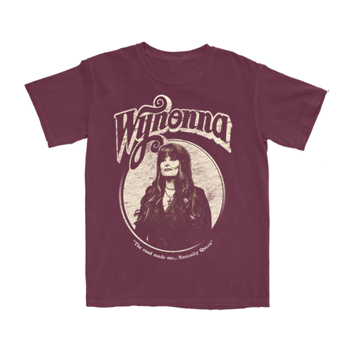 Classic fitting unisex tee in maroon featuring a Wynonna photo design with "The Road Made Me..Kentucky Queen" printed on the front.