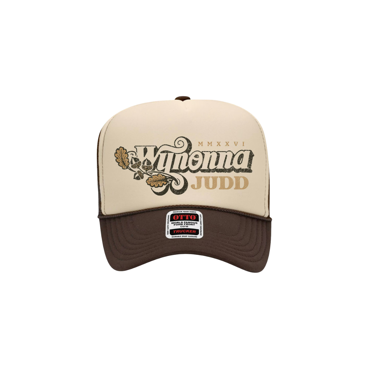 Classic fitting brown and khaki mesh back trucker hat featuring a Wynonna Judd design printed on the front.&nbsp;