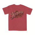 Classic fitting unisex tee in chili red featuring a Wynonna Judd logo with leaves design printed on the front.