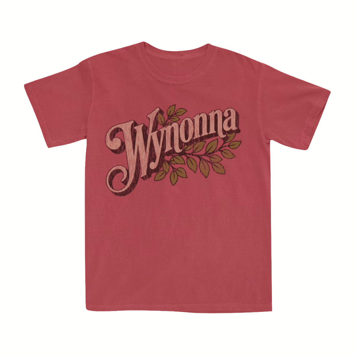 Classic fitting unisex tee in chili red featuring a Wynonna Judd logo with leaves design printed on the front.