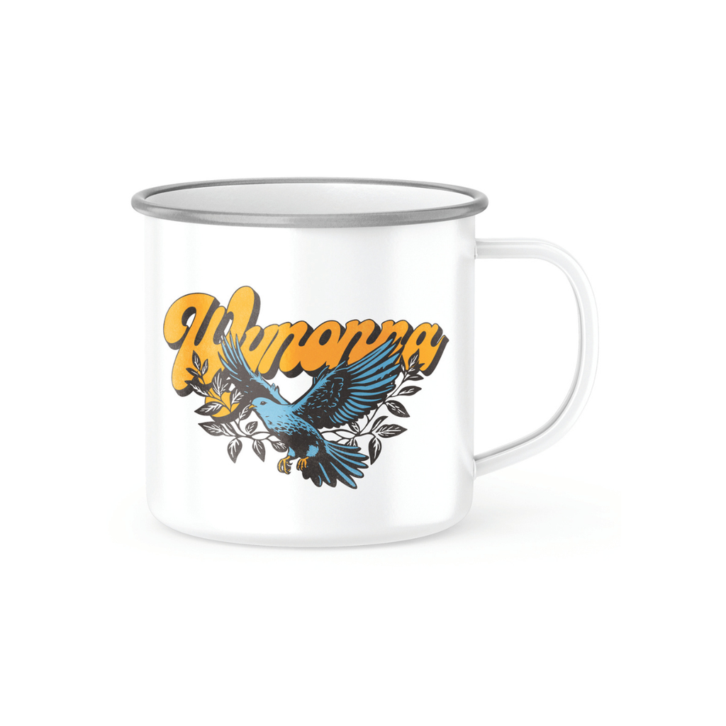 White camping mug with silver trim featuring "Wynonna" in yellow-gold and a blue dove with leaves printed on the front.