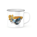 White camping mug with silver trim featuring "Wynonna" in yellow-gold and a blue dove with leaves printed on the front.