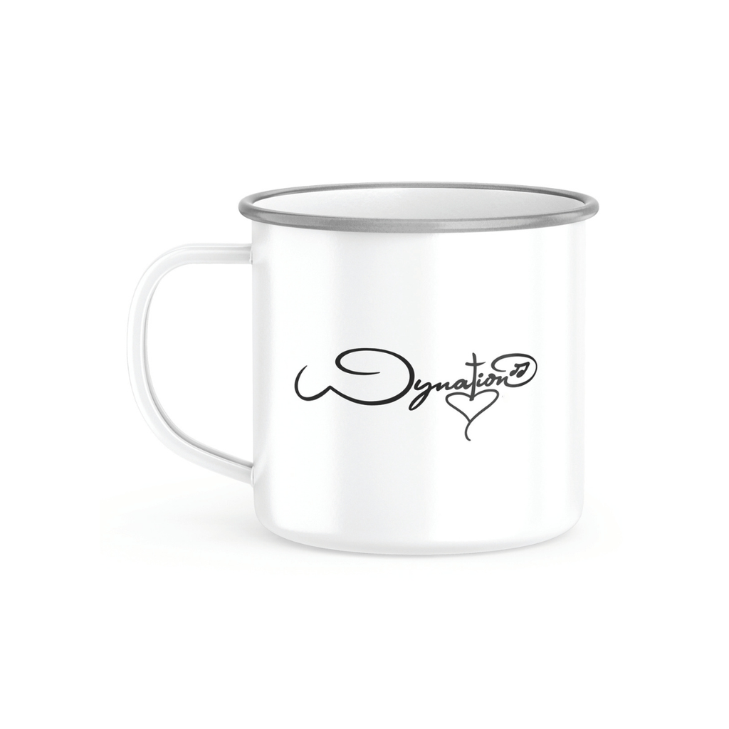 White camping mug with silver trim featuring a "Wynation" logo heart design printed in black on the back.