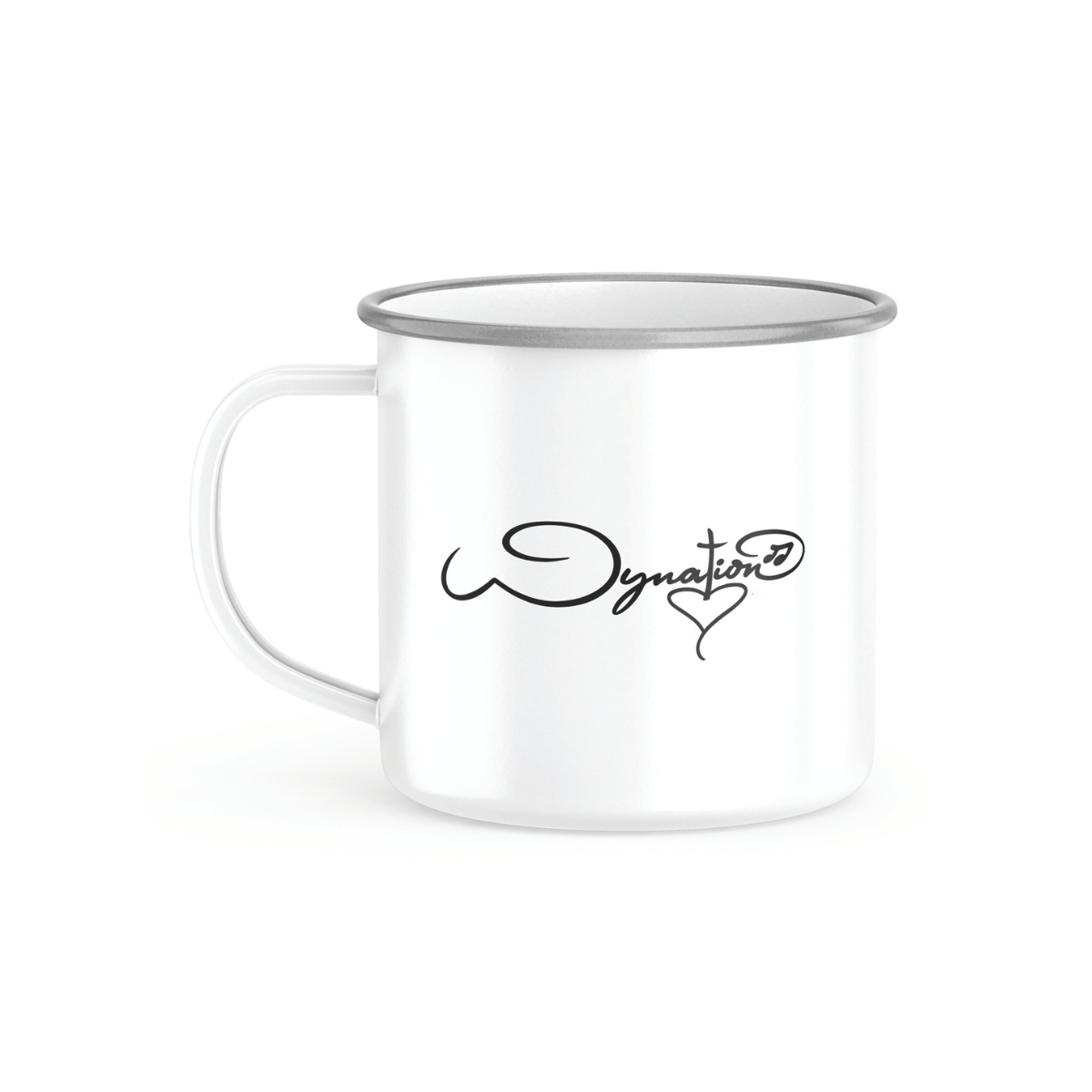 White camping mug with silver trim featuring a "Wynation" logo heart design printed in black on the back.